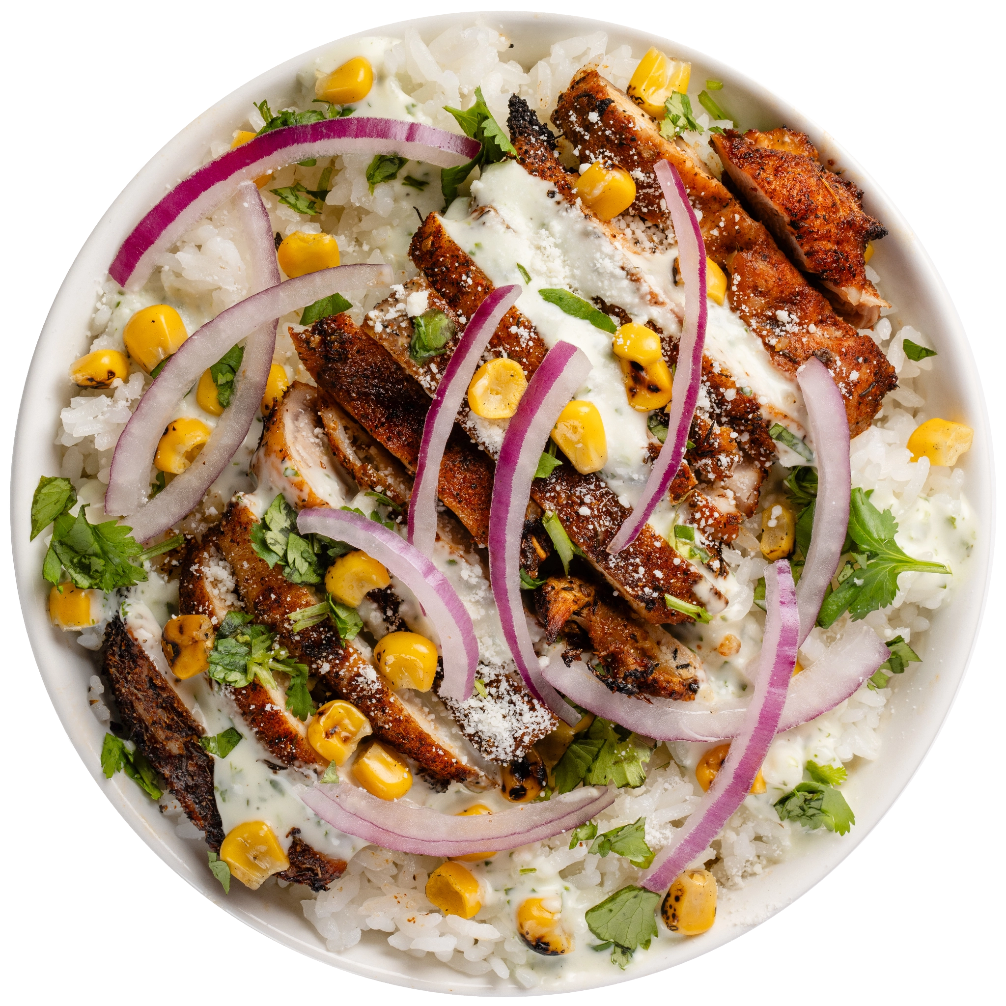 White rice bowl topped with seasoned dry rub chicken thigh cut into stripes, red onion, cotija cheese, roasted corn, cilantro, and drizzled with cilantro ranch.