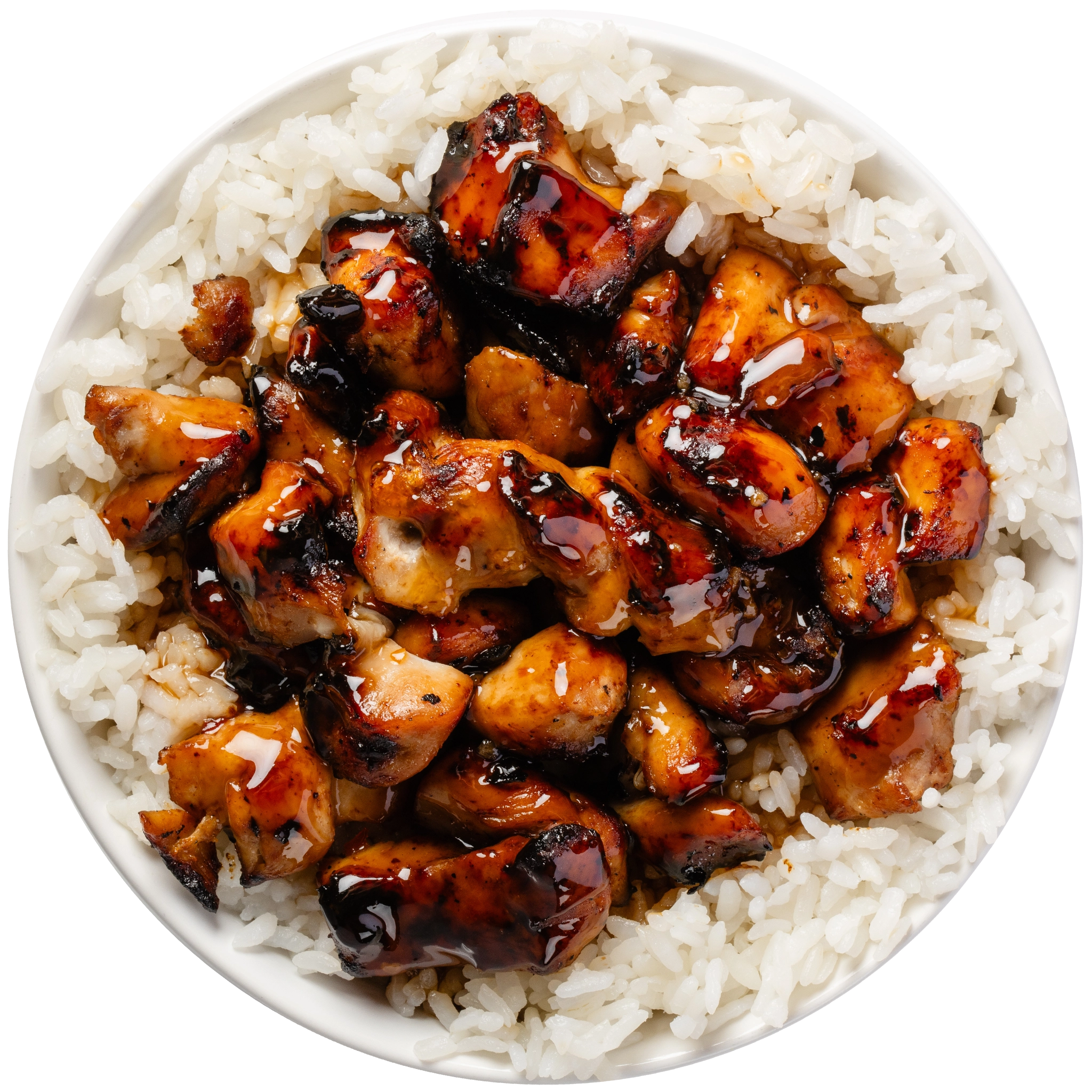 high-protein white rice bowl with pieces of seasoned chicken breast drizzled with ranch