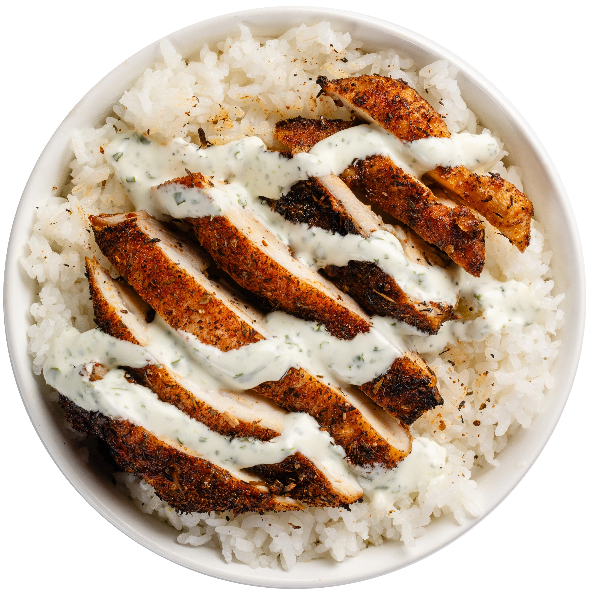 high-protein White rice bowl with pieces of charred teriyaki chicken thigh and sesame seeds