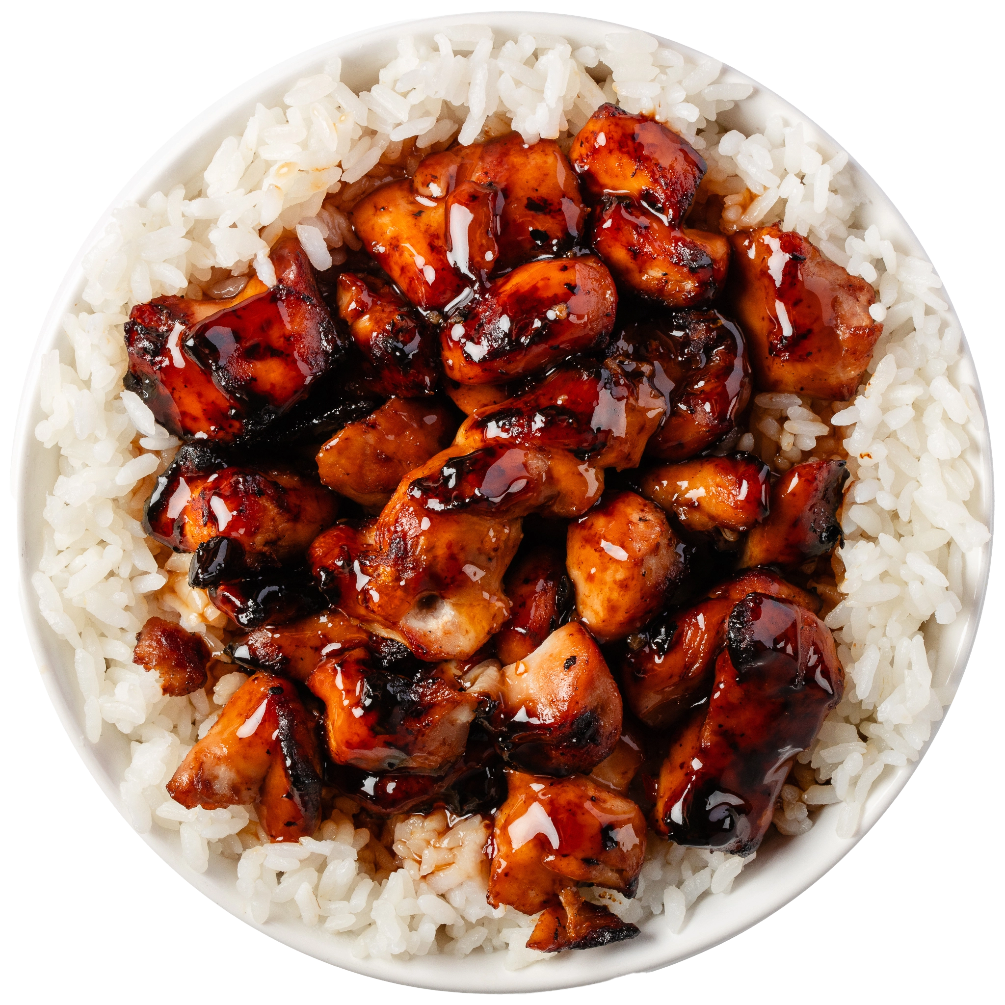 honey sriracha glazed chicken on top bed of white rice drizzled with ranch dressing.