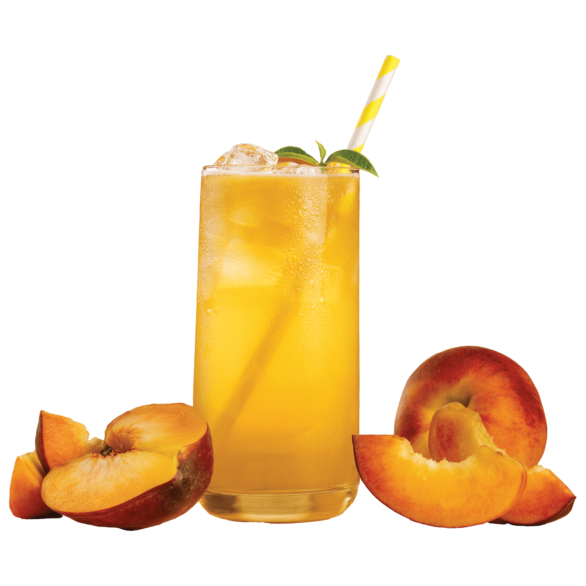 Tall glass of watermelon lemonade with mint garnish and yellow stripe straw, surrounded by watermelon and lemon wedges.